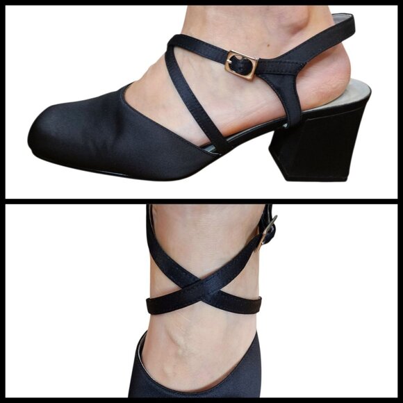 90s Y2K Chunky Heel‎ Square Toe Strappy Mule Black Satin Business Sz 9 2.5" - Picture 1 of 16